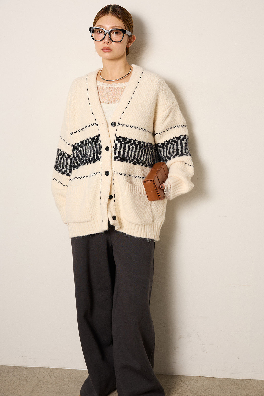 [SET]ライン柄ステッチニットカーディガン+裏起毛スウェットワイドパンツ(2set)
