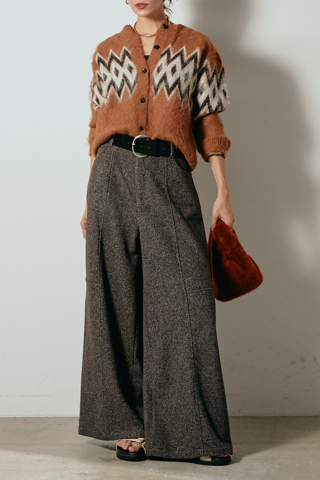 [SET]起毛ノルディック柄ニットカーディガン+太ベルト付きツイードワイドパンツ(2set)