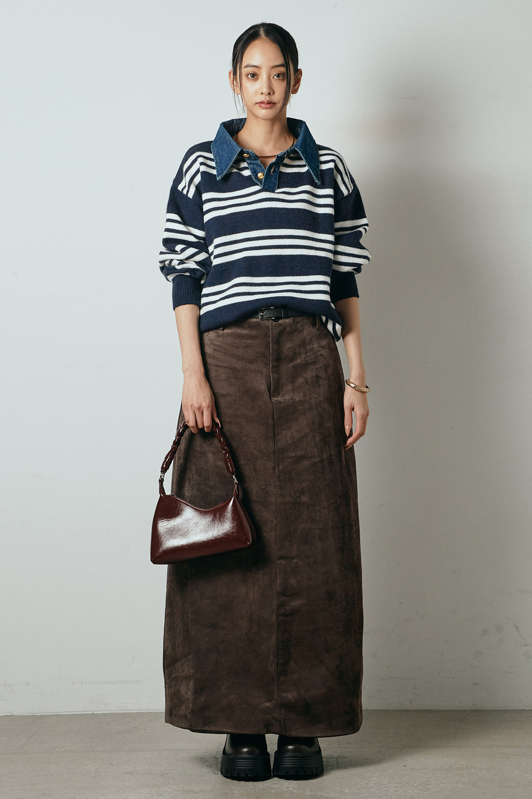 [SET]デニムレイヤード風ランダムボーダーニットプルオーバー+エコスウェードワイドスカート(2set)