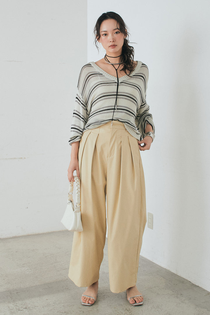 [SET]綿タッチVネックボーダートップス+ウォッシャブルエコレザータックパンツ(2set)