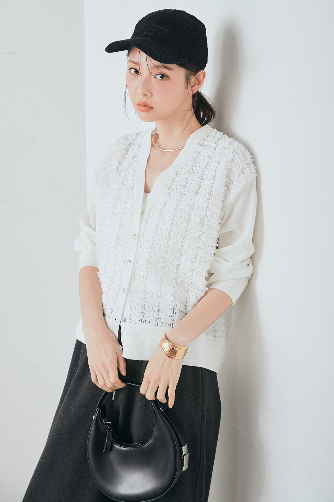 [SET]モコレースVネックカーディガン+カットダンボールウエストフリルカーブパンツ(2set)