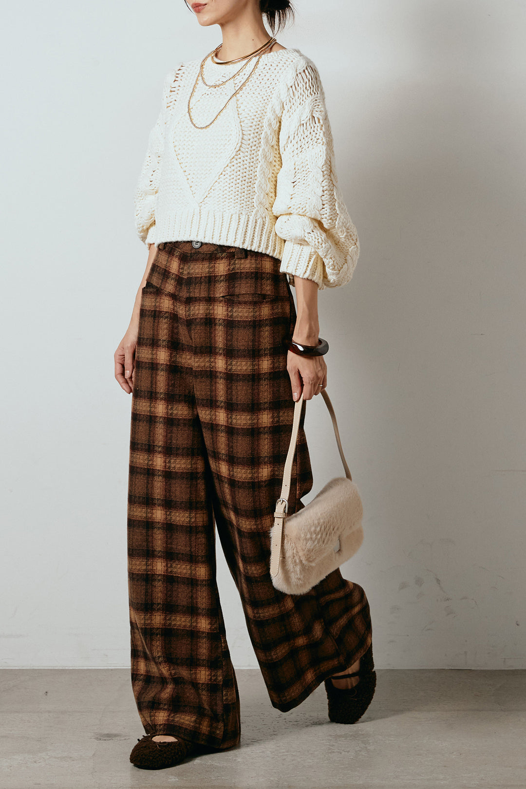 [SET]ロービングケーブルショート丈プルオーバー+ルーズタータンチェックワイドパンツ(2set)