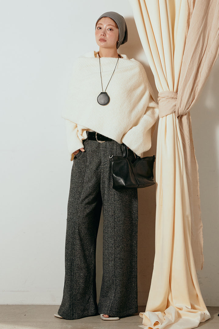 [SET]ケープデザインリブニットトップス+太ベルト付きツイードワイドパンツ(2set)