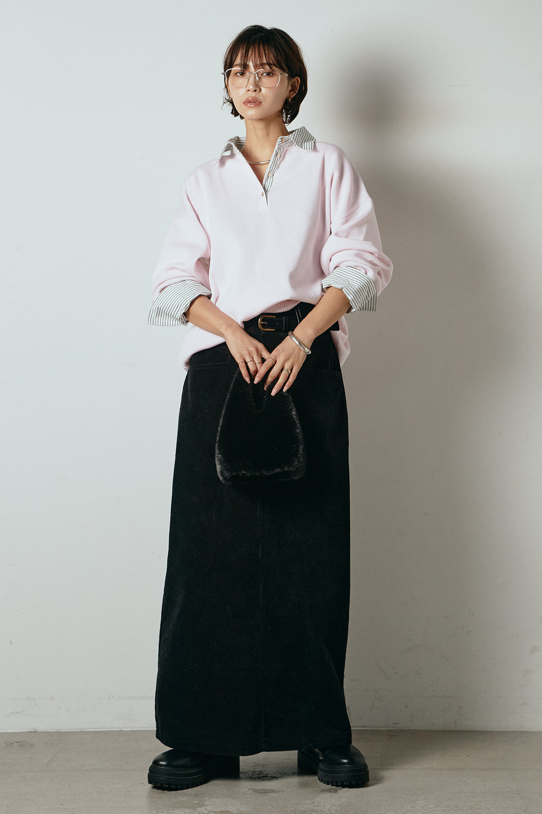 [SET]ストライプシャツドッキングポロトップス+ポーチベルト付きコーデュロイワイドスカート(2set)