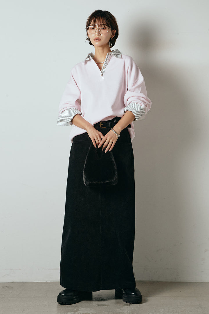 [SET]ストライプシャツドッキングポロトップス+ポーチベルト付きコーデュロイワイドスカート(2set)