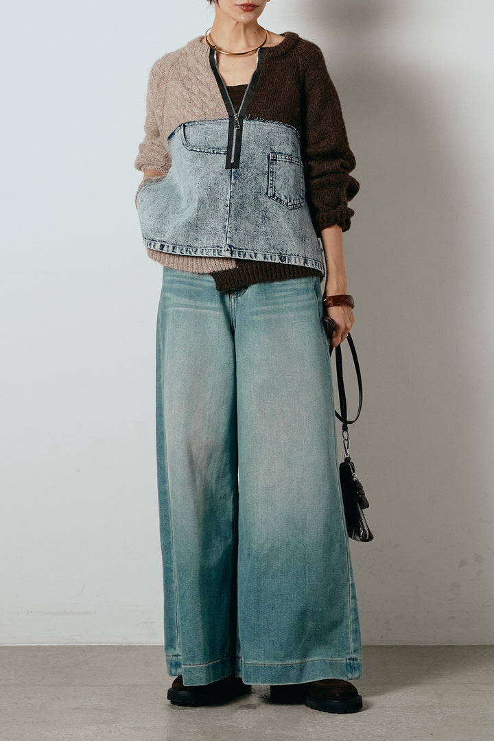 [SET]ハーフジップニットデニムドッキングトップス+ウエストダブルボタンワイドデニムパンツ(2set)