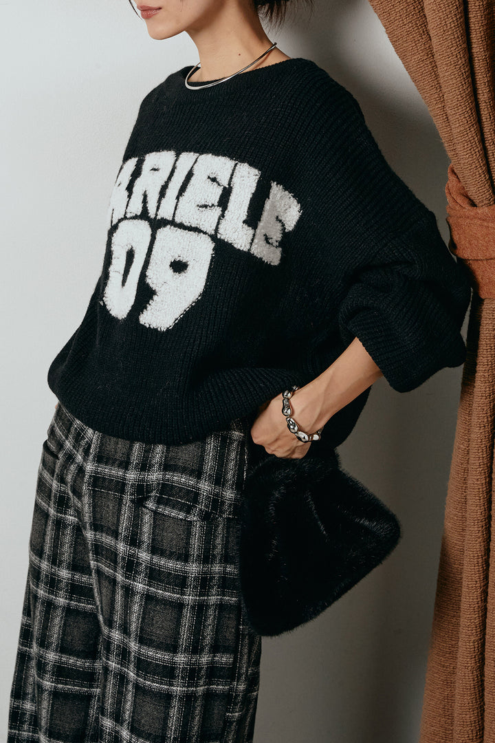 [SET]ロゴジャガードニットトップス+ルーズタータンチェックワイドパンツ(2set)