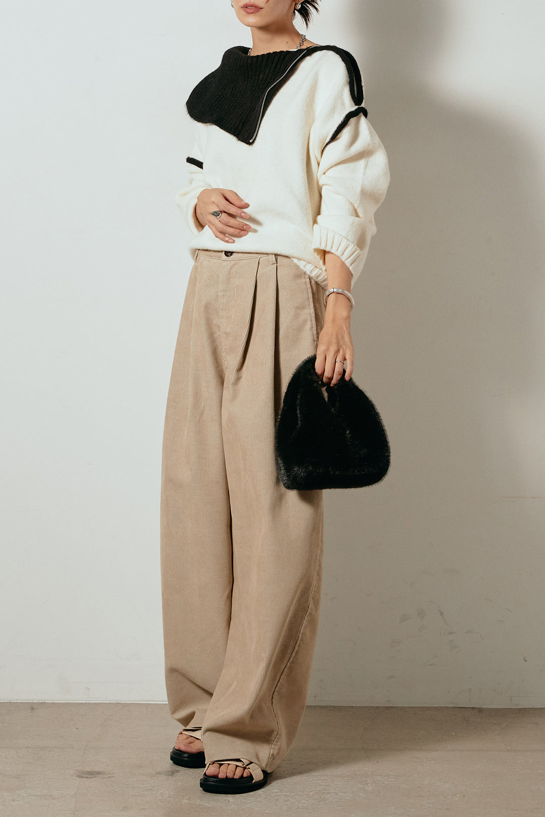 [SET]ハイネックジップデザインニットトップス+フロントタック入りコーデュロイパンツ(2set)