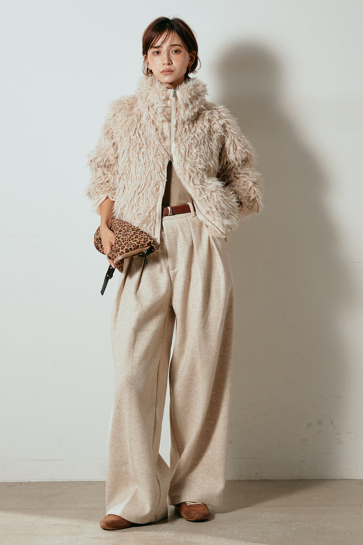 [SET]ミックスシープファースタンドブルゾン+フェイクウールタックトラウザーズパンツ(2set)