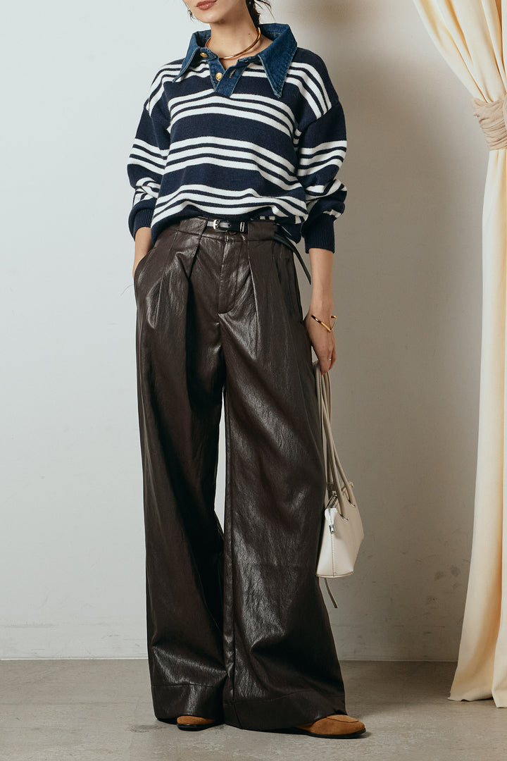 [SET]デニムレイヤード風ランダムボーダーニットプルオーバー+ベルト付きレザーライクタックパンツ(2set)