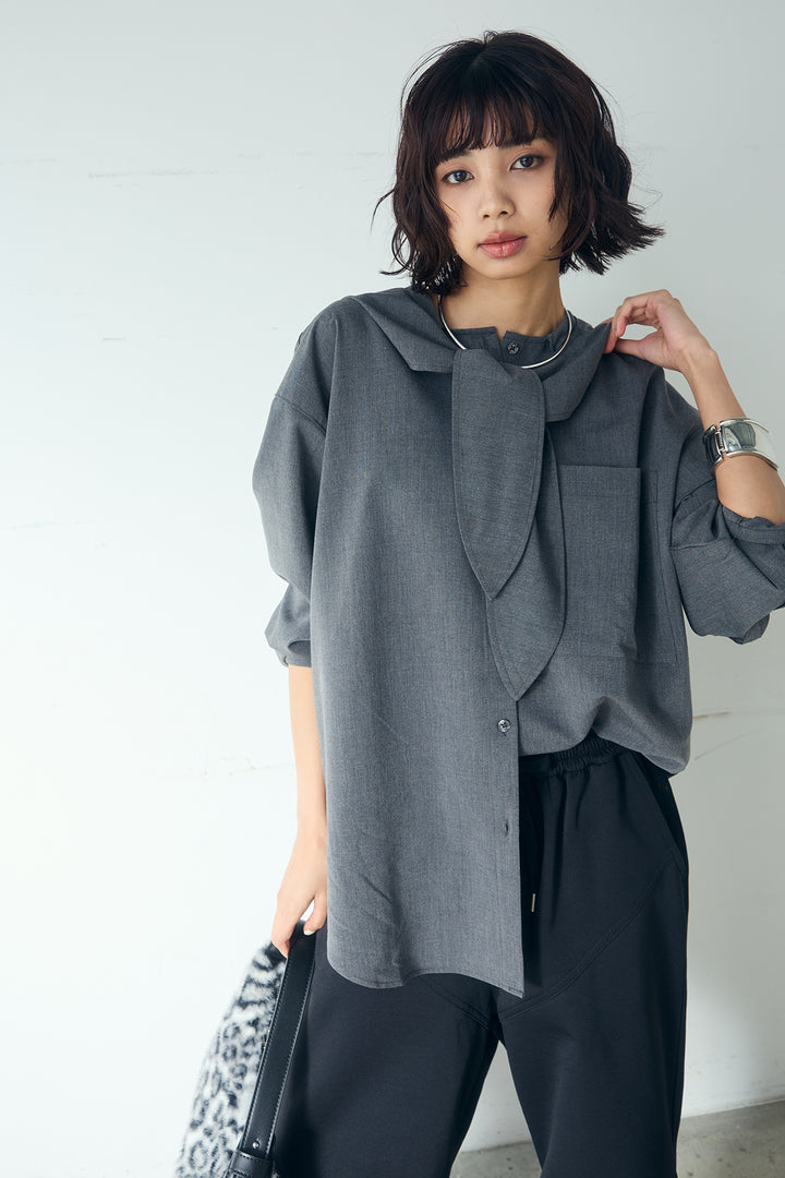 [SET]無地タイ付フーディーBIGシャツ+ランダムタックデザインワイドパンツ(2set)