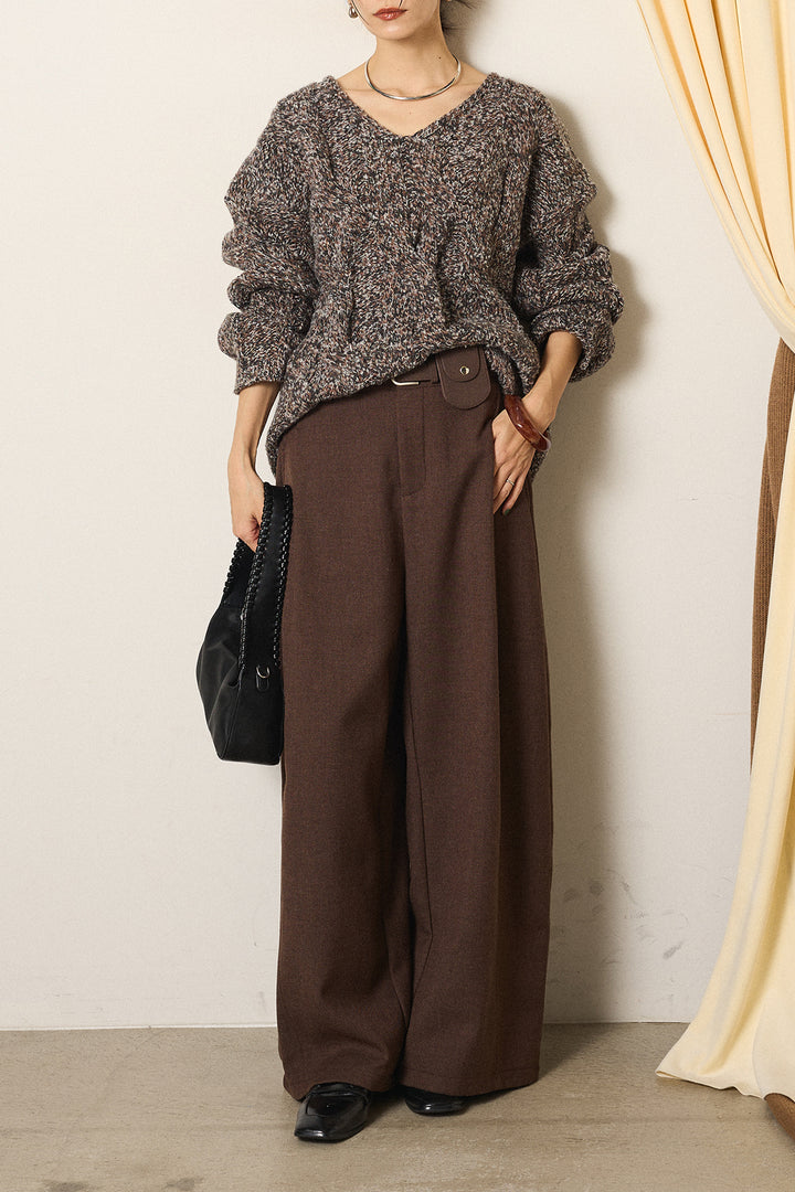 [SET]Vネックミックス編みニットトップス+ポーチベルト付きカーブパンツ(2set)