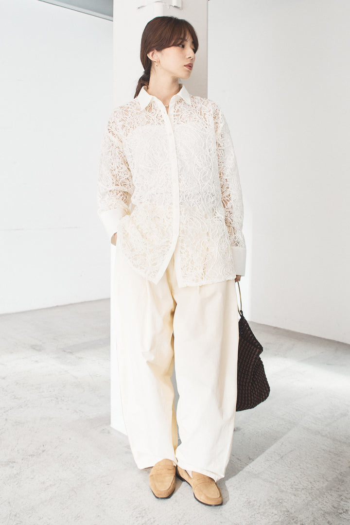 [SET]刺繍レースオーバーサイズシャツ+合繊ツイルパイピングタックカーブパンツ(2set)