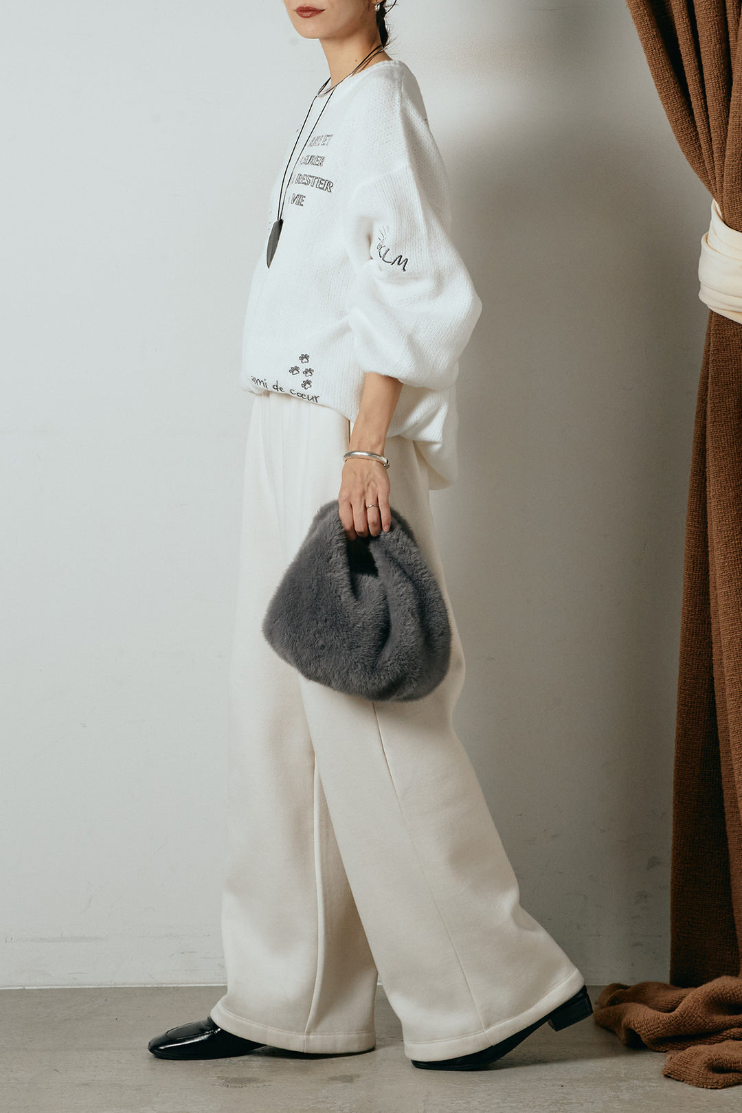 [SET]刺繍ロゴランダムデザインニットトップス+裏起毛スウェットワイドパンツ(2set)