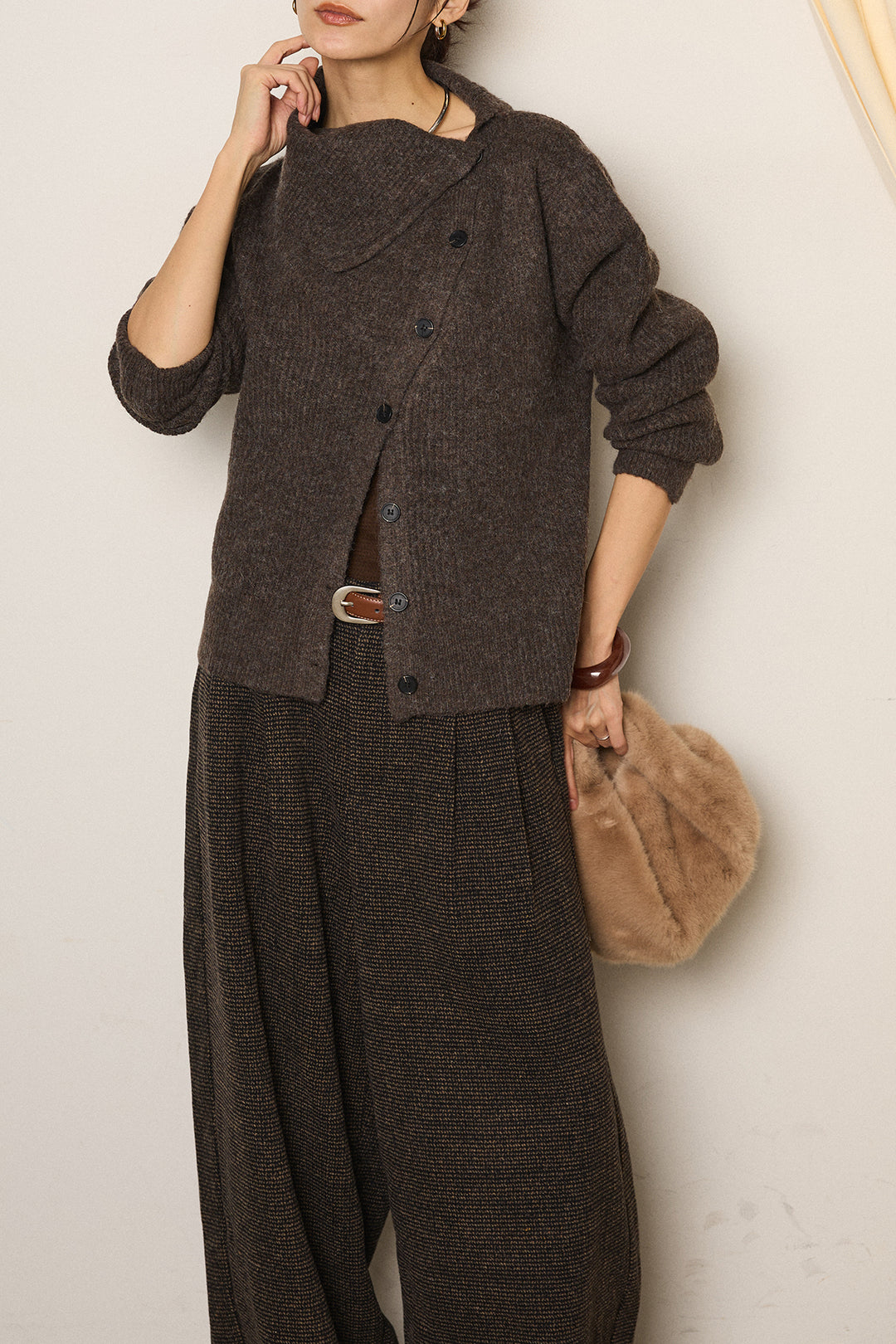 [SET]ボタンデザインネックニットプルオーバー+起毛タック入りツイードワイドパンツ(2set)