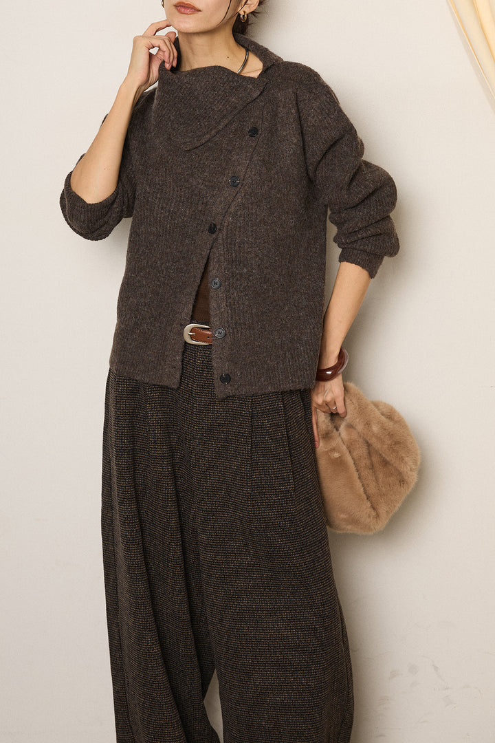 [SET]ボタンデザインネックニットプルオーバー+起毛タック入りツイードワイドパンツ(2set)