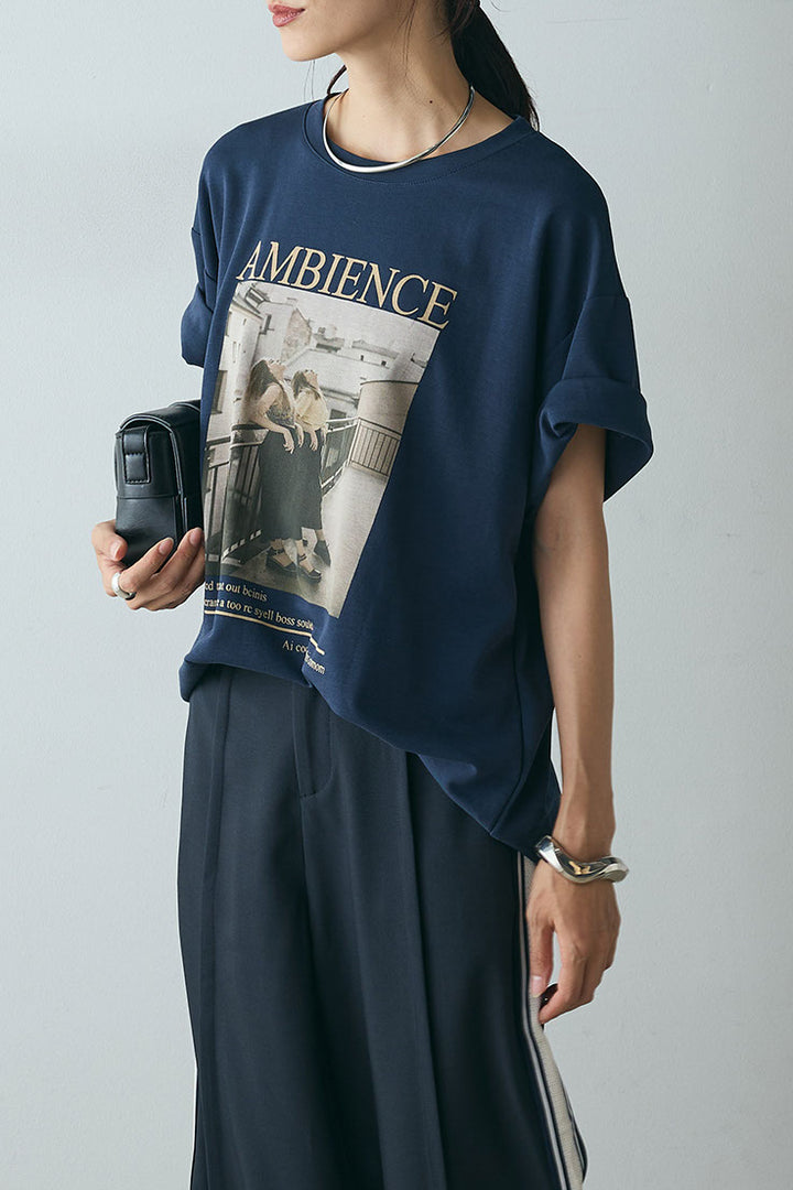 [SET]AMBIENCEフォトプリントTシャツ+サイドラインワイドスラックスパンツ(2set)