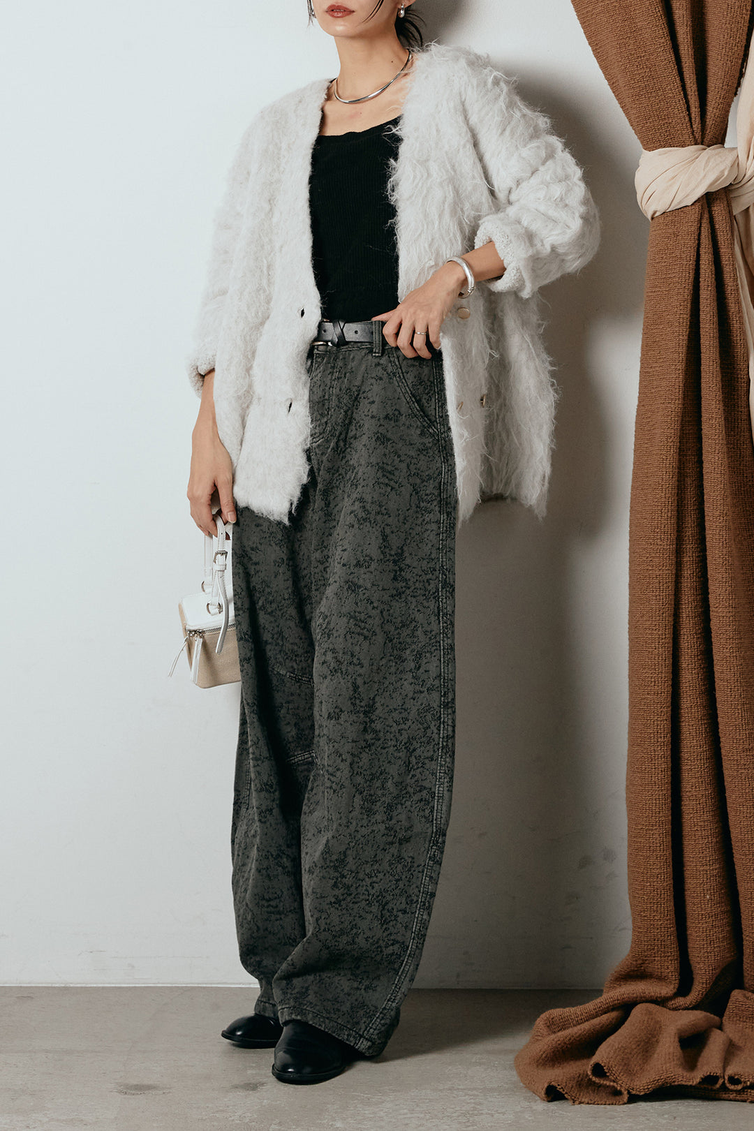 [SET]ウェーブシャギーニットジャケット+ベルト付きニュアンス柄カーブワイドパンツ(2set)