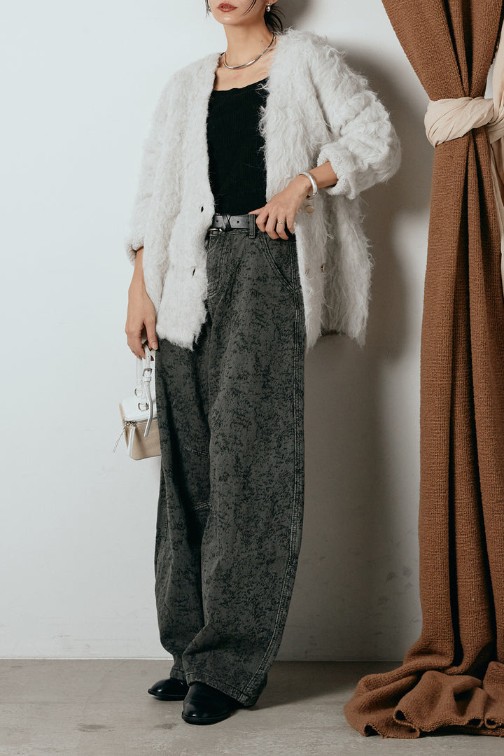[SET]ウェーブシャギーニットジャケット+ベルト付きニュアンス柄カーブワイドパンツ(2set)