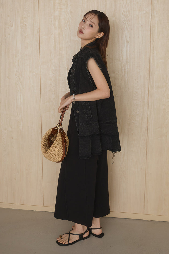 [SET]ケミカルデニムヘムカットオフジレ+ノースリロングワンピース(2set)