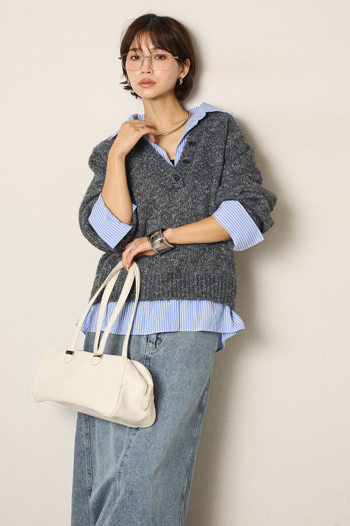 [SET]ストライプシャツドッキングニットポロトップス+デニムロングフレアスカート(2set)