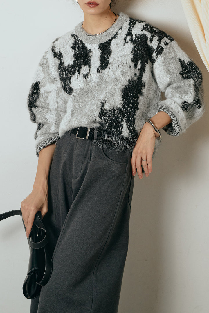 [SET]起毛ニュアンス柄ニットプルオーバー+ファーベルト付きワイドパンツ(2set)
