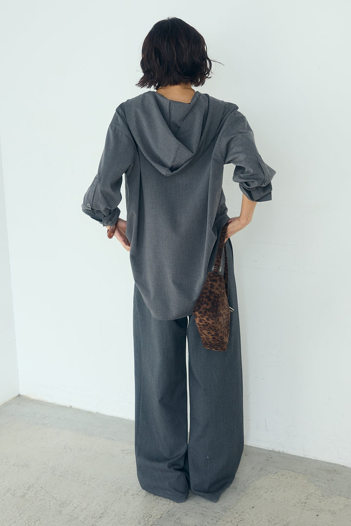 [SET]無地タイ付フーディーBIGシャツ+サイドベルトタック入りスラックス(2set)