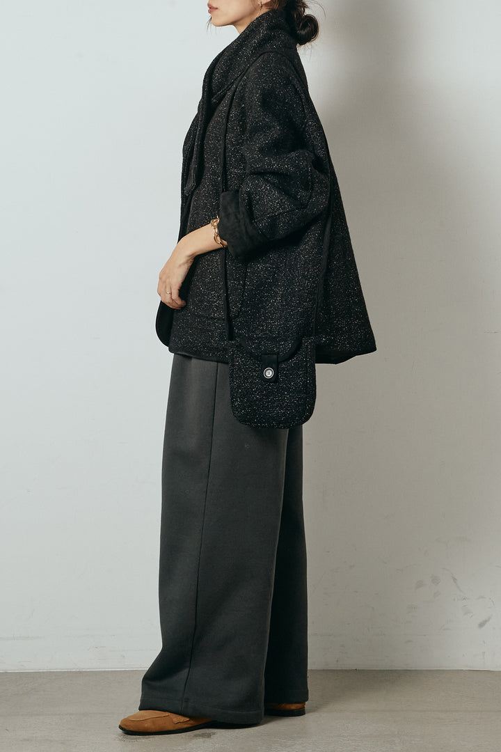 [SET]ノーカラーマフラーバッグ付きアウター+裏起毛スウェットワイドパンツ(2set)