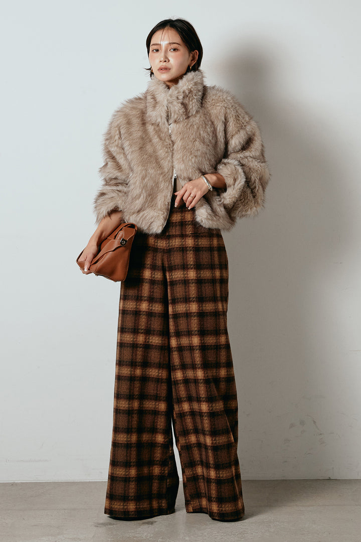 [SET]エコファーショート丈ブルゾン+ルーズタータンチェックワイドパンツ(2set)