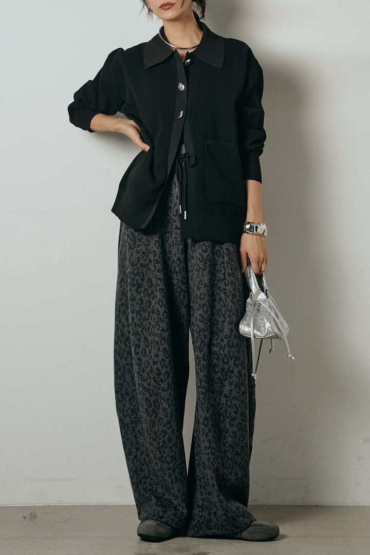 [SET]メタル釦衿付きニットカーディガン+リラックスレオパード柄ワイドパンツ(2set)