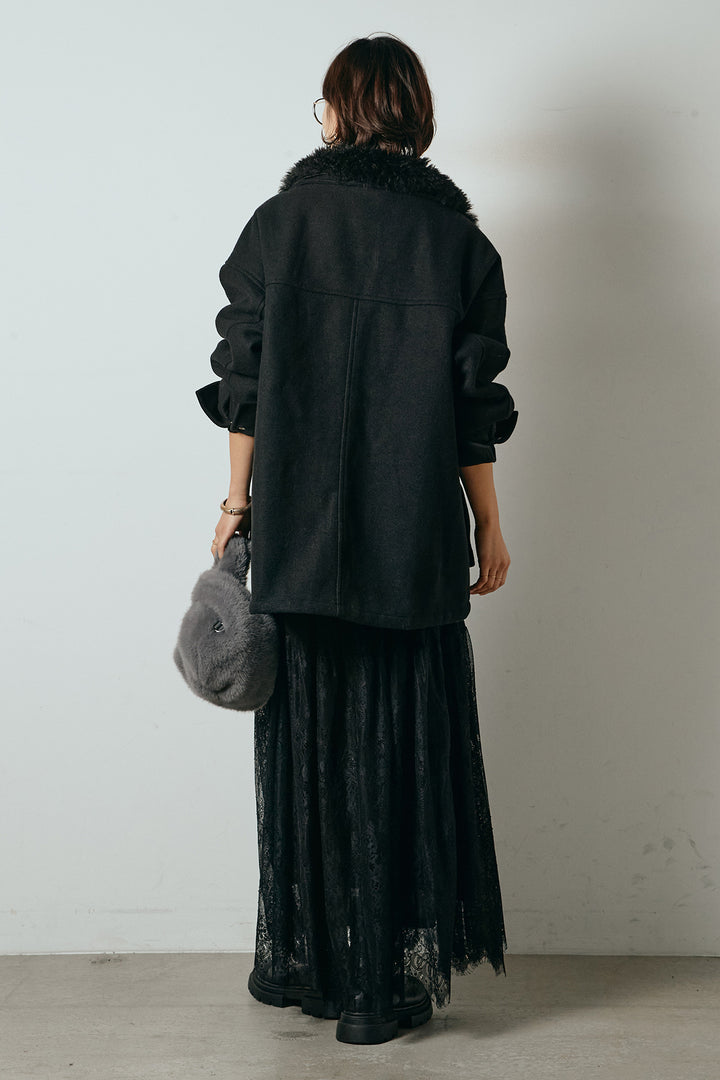 [SET]エコウール衿ファー薄中綿入りミドルカバーオール+ひげレース切替ロング丈スカート(2set)