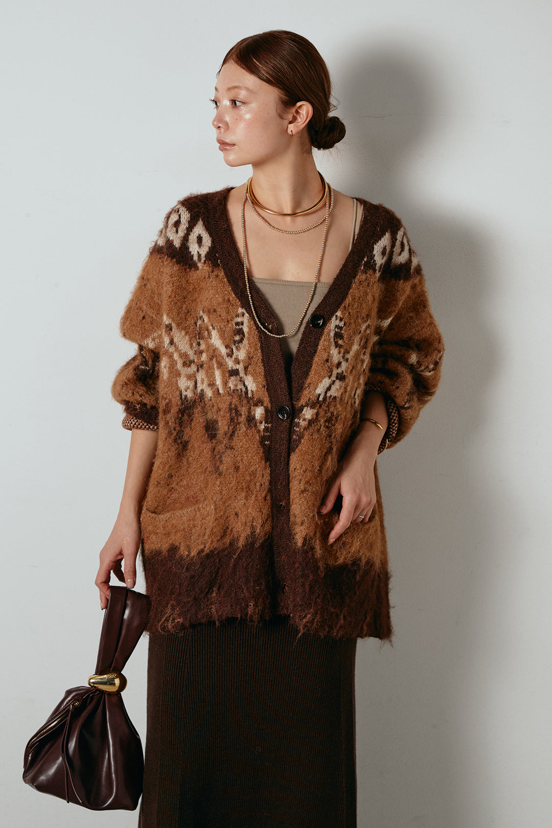 [SET]シャギーニュアンス柄ニットカーディガン+リブナローニットスカート(2set)