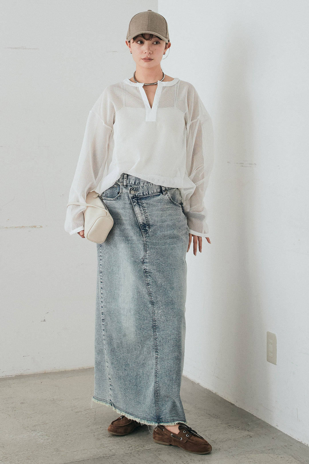 [SET]メッシュカットソースキッパープルオーバー+ウエストクロスデニムタイトスカート(2set)