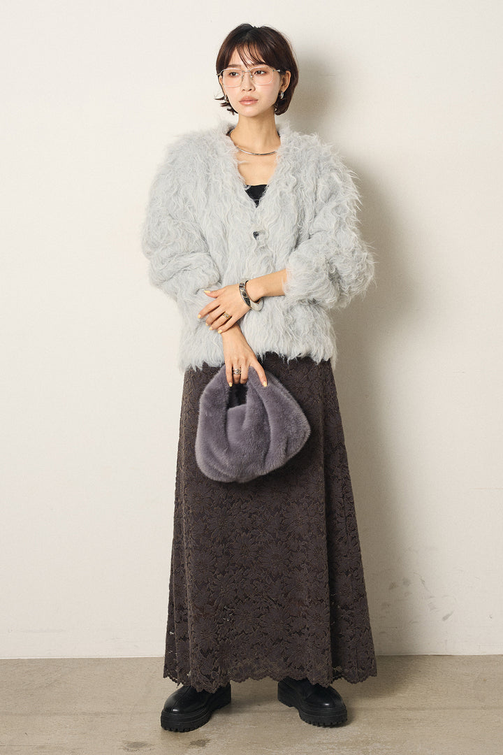 [SET]起毛シャギーニットカーディガン+花柄刺繍ベロアフレアスカート(2set)