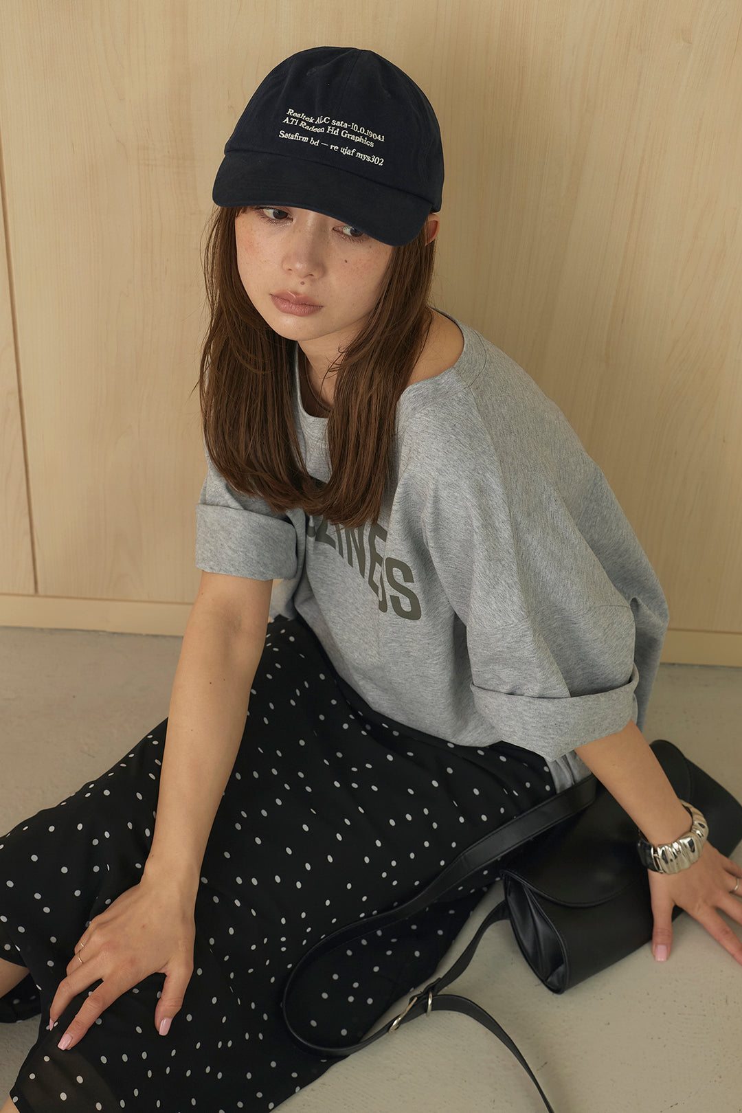 [SET]プリントロゴチュニックTシャツ+ドットサテンナロースカート(2set)