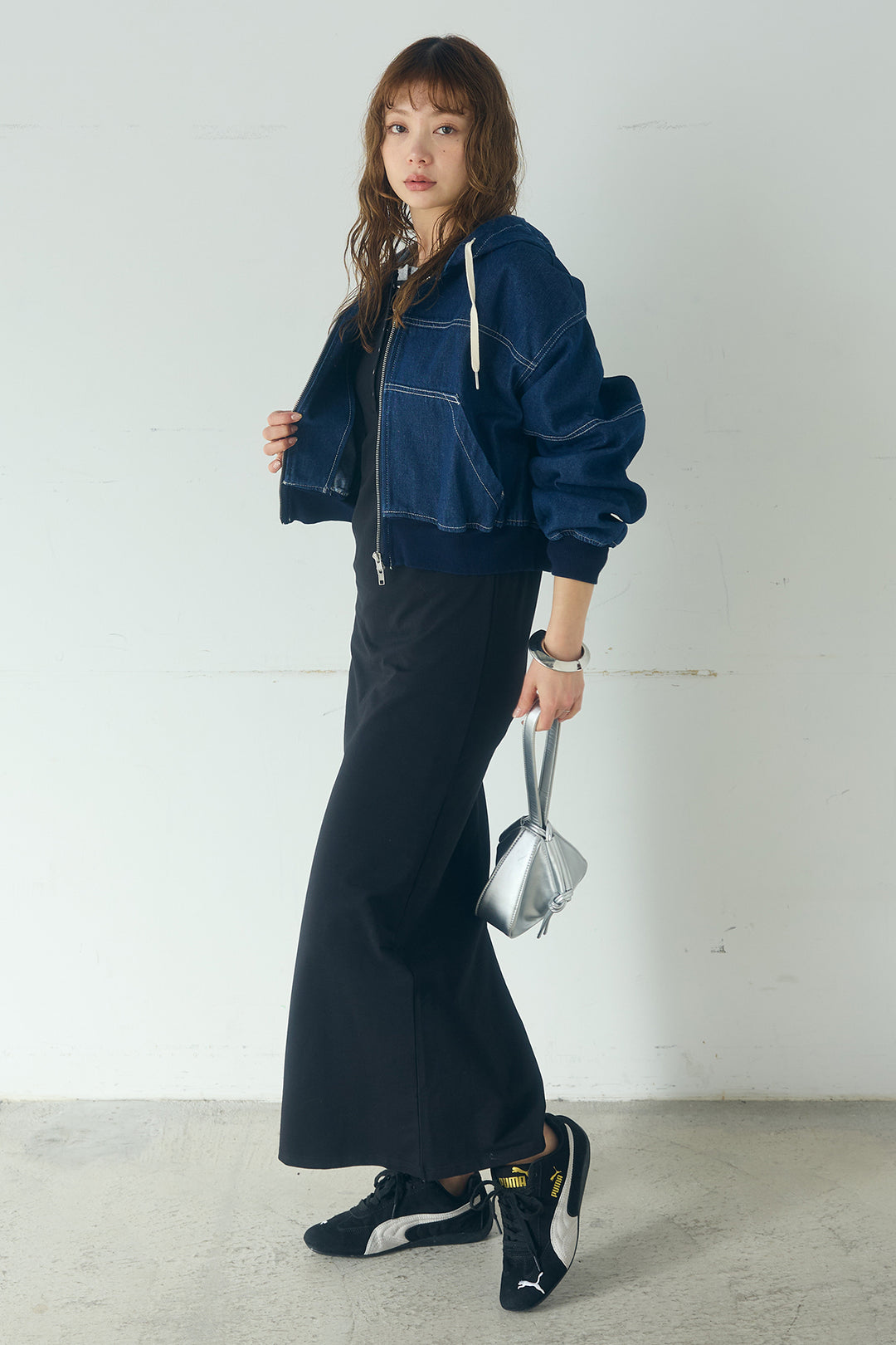 [SET]デニムダブルジップパーカーブルゾン+レイヤード見えヘンリーネックロングワンピース(2set)