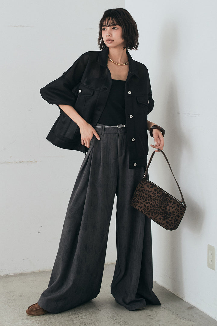 [SET]シアーダンボールサイドドロストジャケット+紐ベルト付きかすれ柄ワイドスラックス(2set)