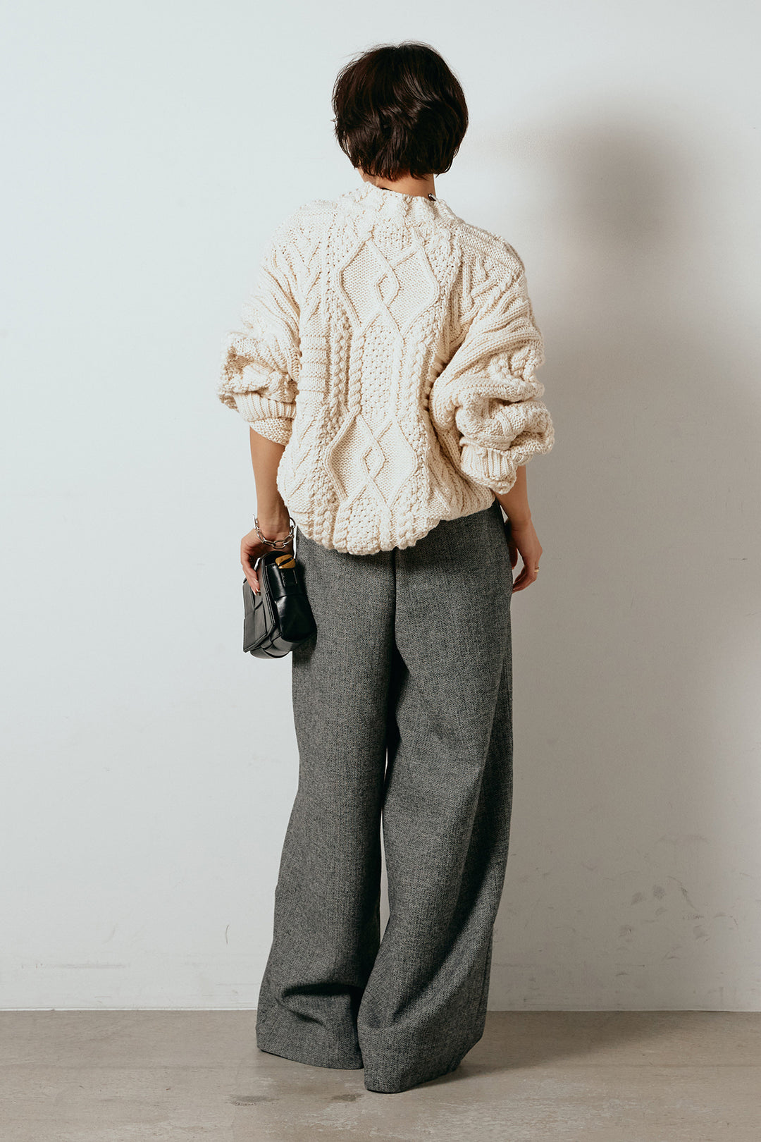 [SET]アラン柄ミックスケーブルニット+サイドボタンツイードタックパンツ(2set)