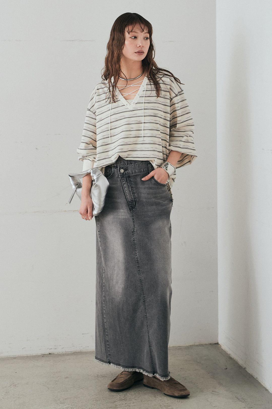 [SET]レースアップワッフルボーダートップス+ウエストクロスデニムタイトスカート(2set)