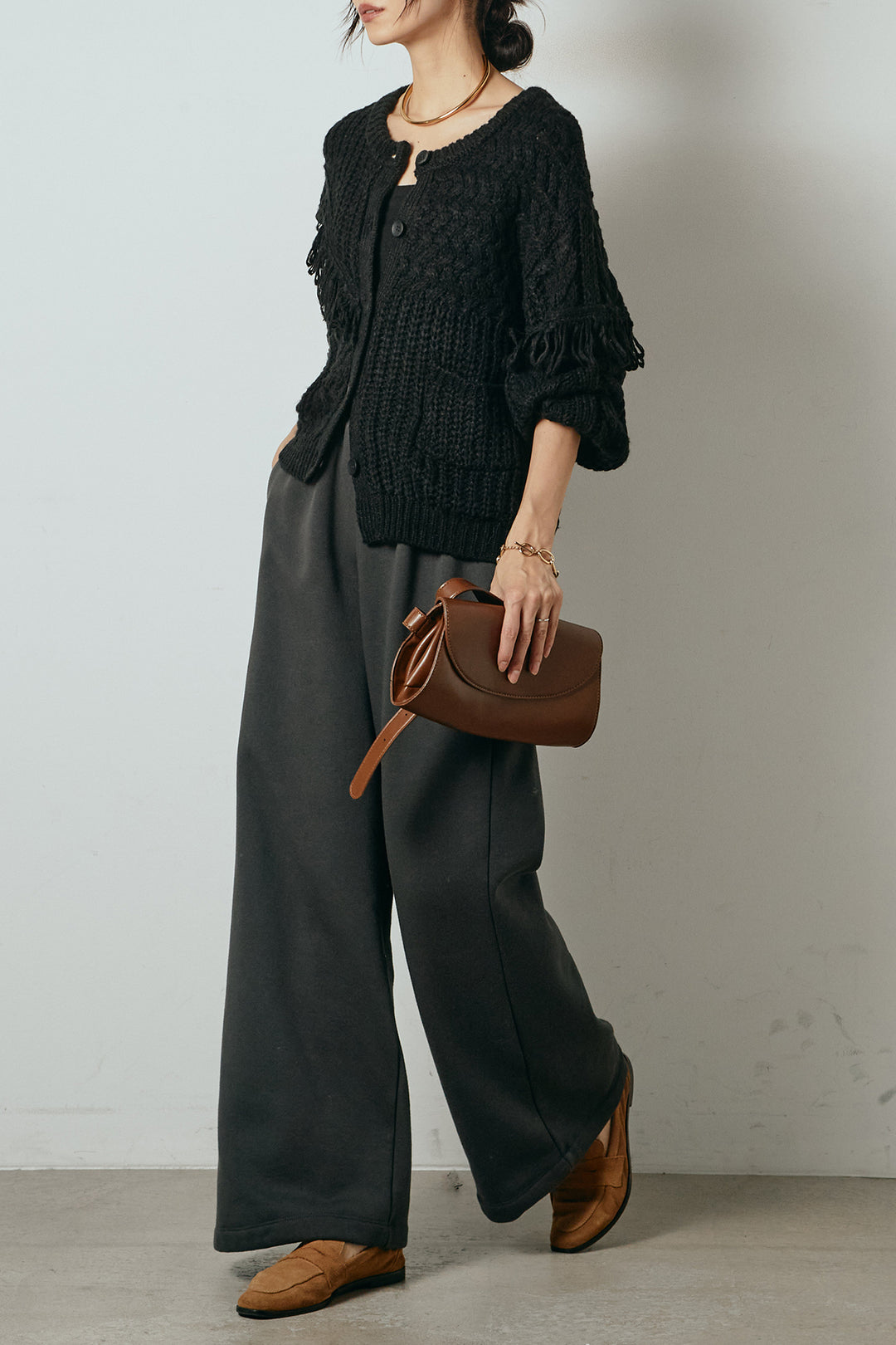 [SET]ランダムフリンジニットカーディガン+裏起毛スウェットワイドパンツ(2set)