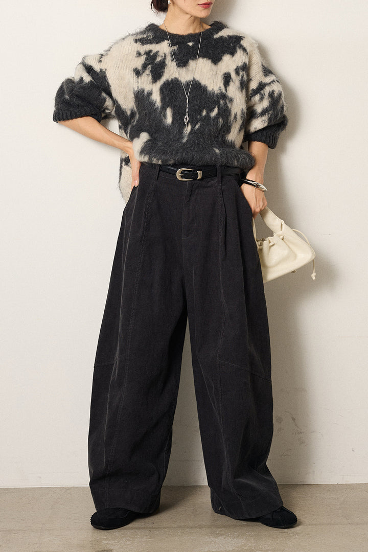 [SET]モヘアタッチマーブルニット+タック入りコーデュロイワイドパンツ(2set)