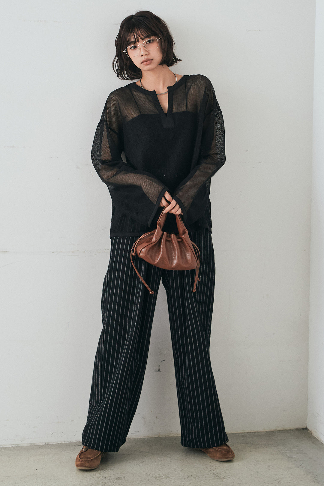 [SET]メッシュカットソースキッパープルオーバー+リネンライクストライプタックイージーパンツ(2set)