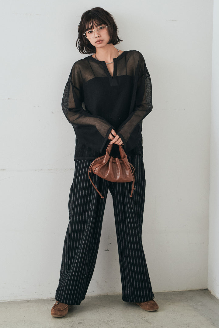 [SET]メッシュカットソースキッパープルオーバー+リネンライクストライプタックイージーパンツ(2set)