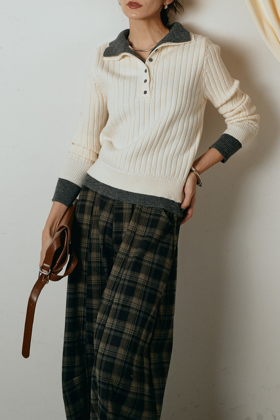 [SET]レイヤード風リブニットトップス+ベルト付きタータンチェックカーブワイドパンツ(2set)