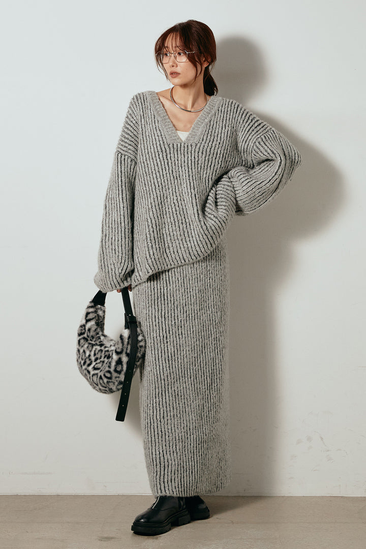 [SET]アルパカタッチ深Vニットトップス+アルパカタッチニットタイトスカート(2set)