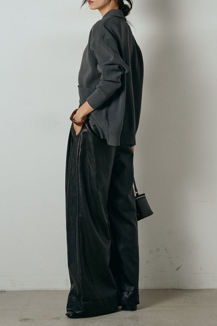 [SET]メタル釦衿付きニットカーディガン+ベルト付きレザーライクタックパンツ(2set)