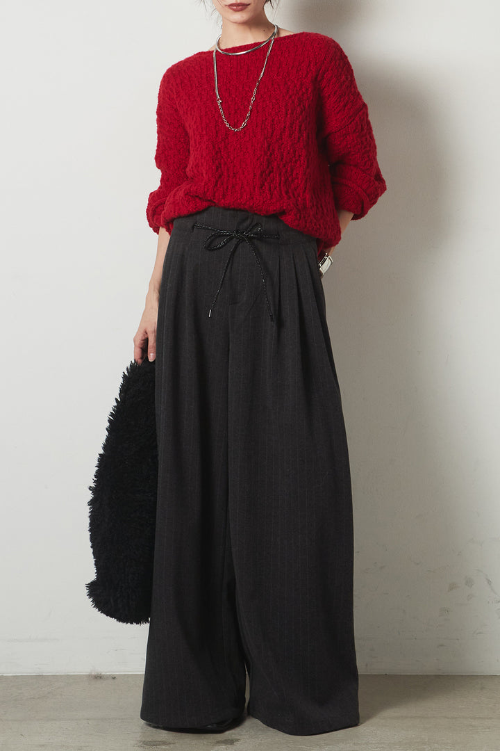 [SET]ボリューム編みニットプルオーバー+編みベルト付きピンストライプワイドパンツ(2set)