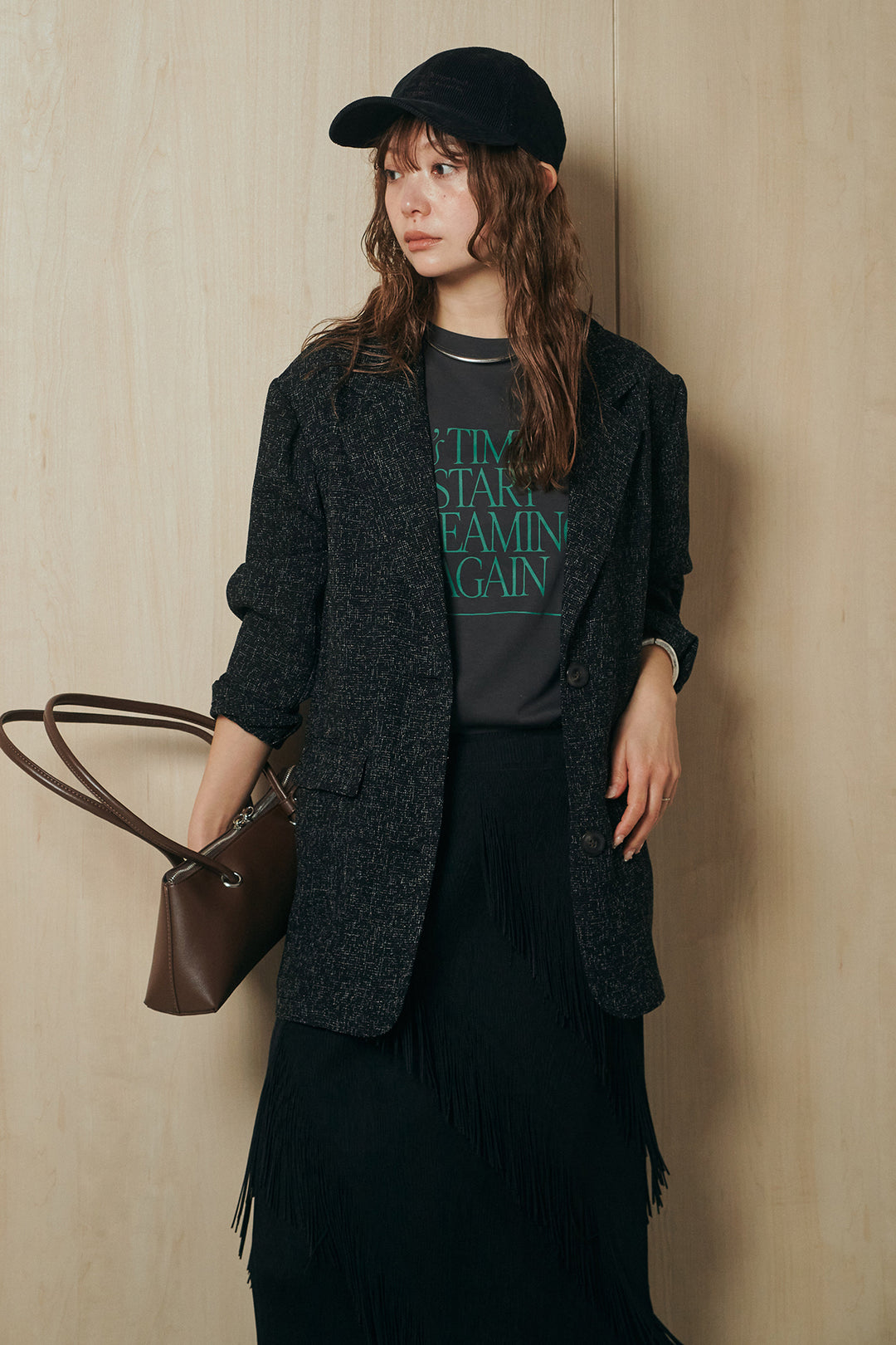 [SET]ミックスツイードベルト付きジャケット+斜めフリンジデザインスカート(2set)