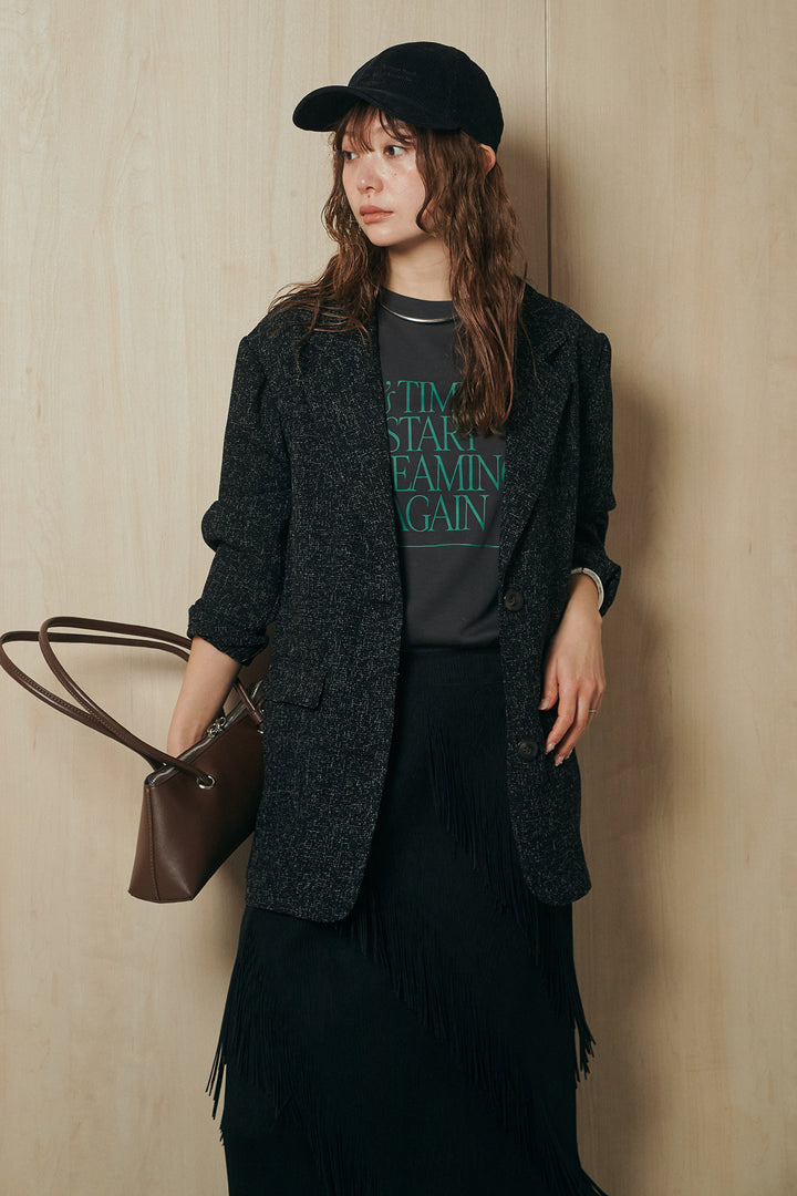 [SET]ミックスツイードベルト付きジャケット+斜めフリンジデザインスカート(2set)