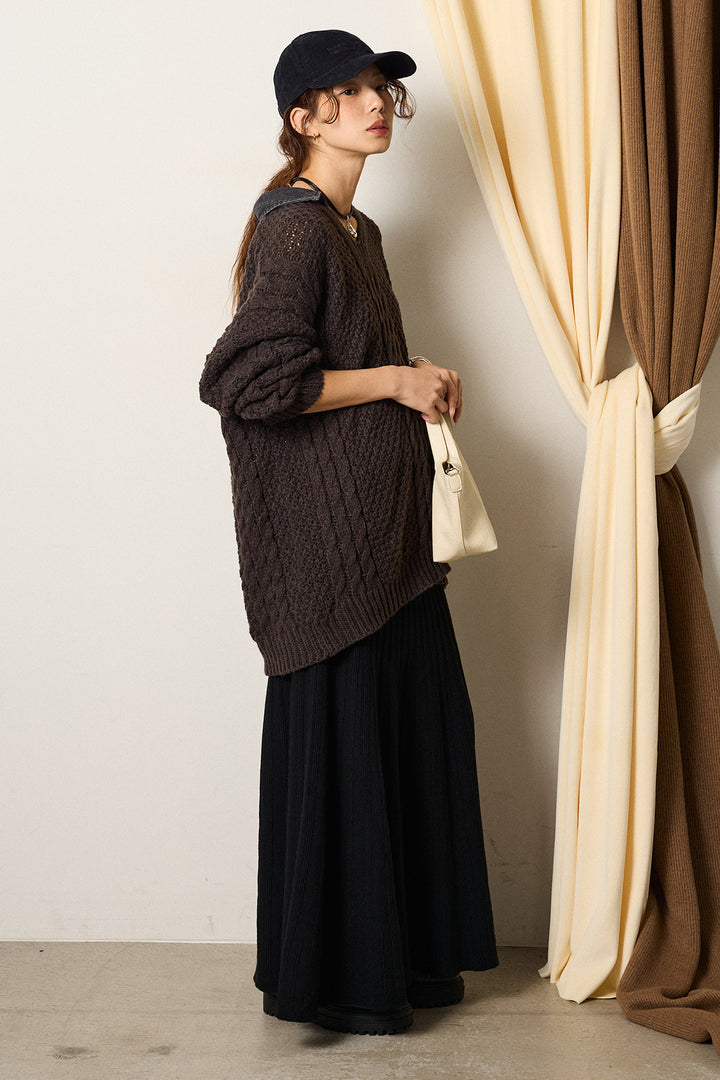 [SET]デニムカラーケーブルオーバーニット+編み地切り替えフレアニットスカート(2set)